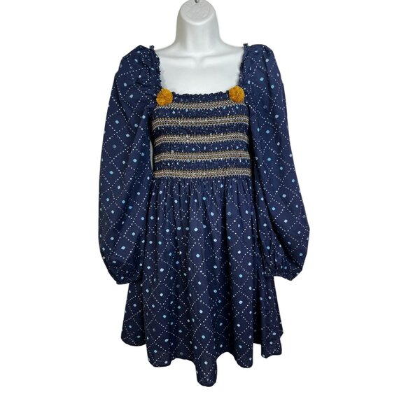 Figue Peony Kizzy Mini Dress Smocked Pom Pom Bandana Print Blue Small - Picture 6 of 13